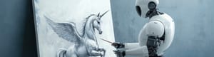 A robot paints a unicorn. 